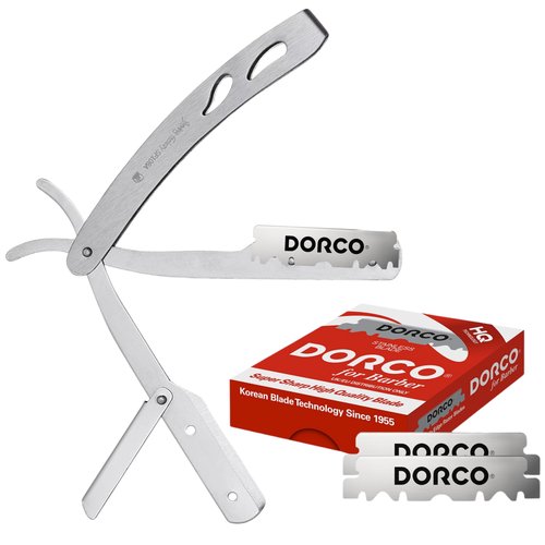 The Shave Factory Straight Edge Razor Kit (Steel Razor / 100 Dorco Single Edge Razor Blades Red)