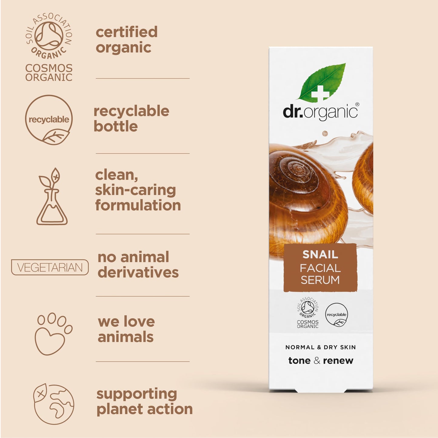 Dr. Organic Snail Gel Facial Serum | Hydrates and Restores Skin, Reduces Fine Lines, Natural, Certified Organic, Paraben & SLS-Free, 30 mL / 1 fl oz