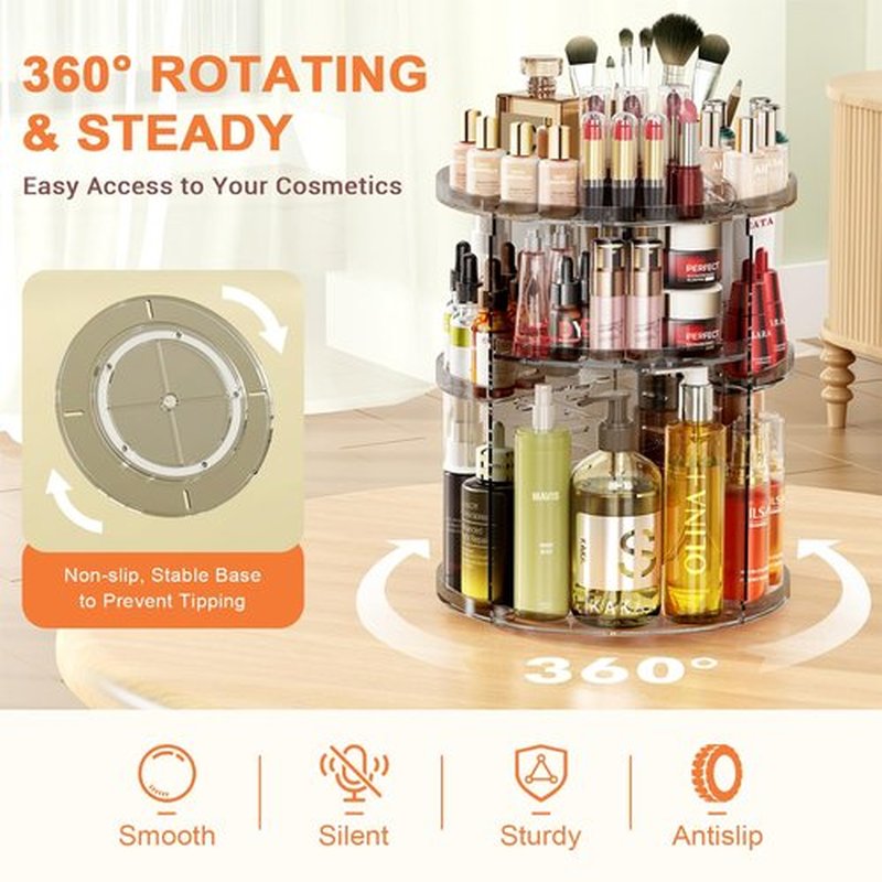 Auxmir Rotating Makeup Organizer, DIY 9 Adjustable Layers Spinning Skincare Organizer, Cosmetic Organizer with Brush Holder Perfume Tray, Multi-Function Storage Carousel for Vanity Bathroom Countertop