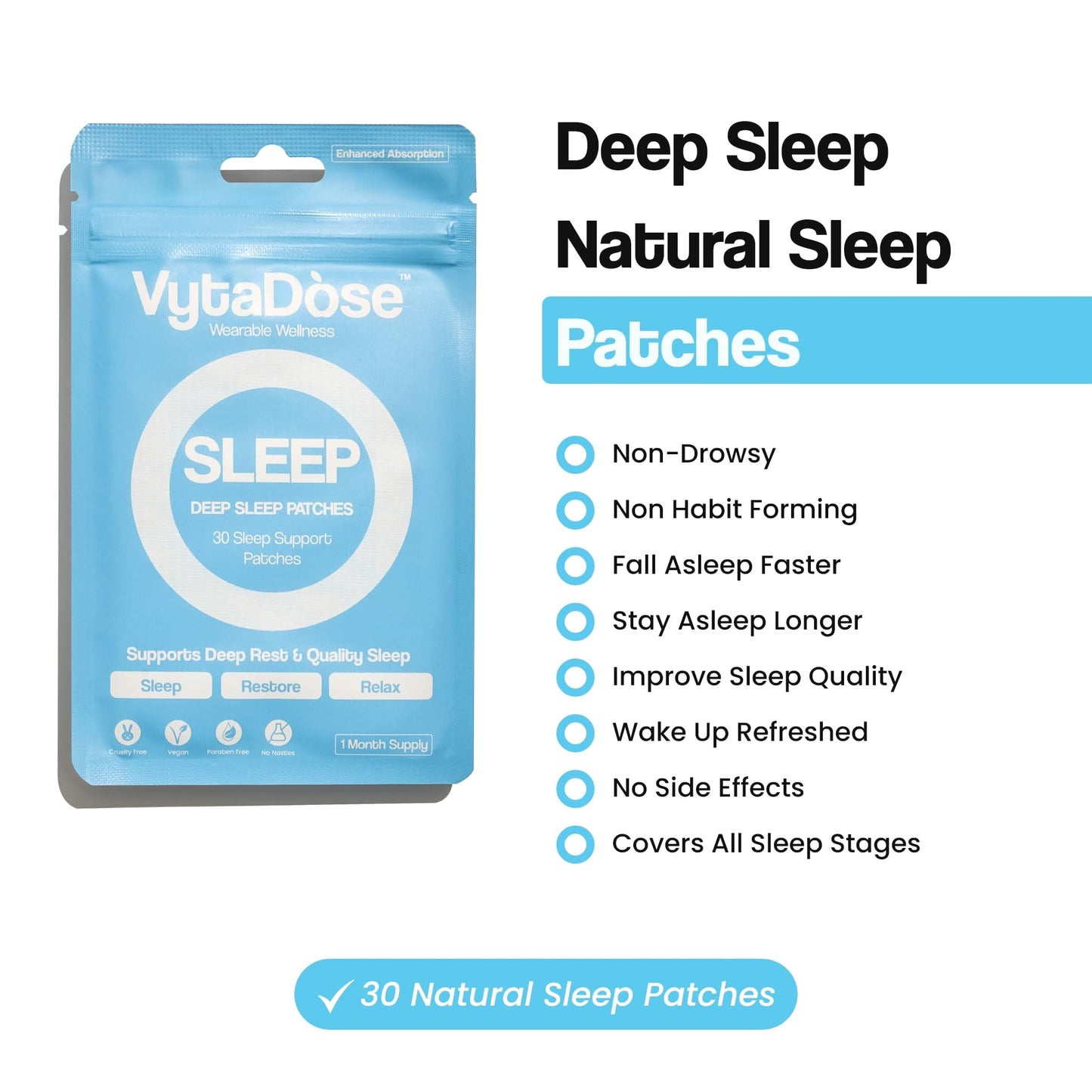Vytadose Natural Melatonin-Free Herbal Sleep Patches for Adults - No Added Hormones - 8-Hour Time-Release Formula - Ashwagandha, Magnesium, Passionflower, Valerian Root, Lemon Balm & Chamomile