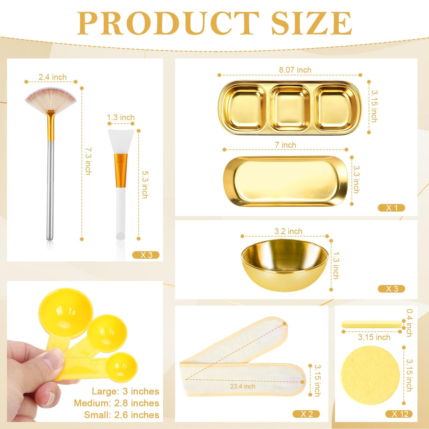 28 Gold Facial Supplies 3 Facial Mask Mixing Bowls 3 Facial Fan Brushes 3 Mask Applicator Brushes 3 Mask Measuring Spoons Skincare Tray 3-Compartment Serving Tray 12 Facial Sponges 2 Spa Headbands