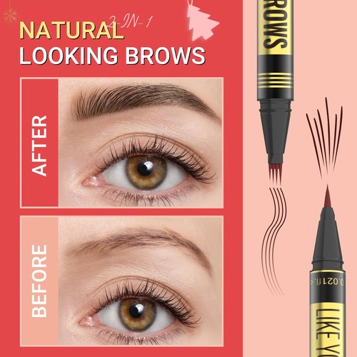 Microblading Eyebrow Pen - Eyebrow Pen 2-in-1 Dual-Ended Eyebrow Pencil with Micro-Fork Tip & Precise Brush-Tip Create Hair-Like Brows, Natural Brow Eyebrow Pen, Long Lasting, Black Brown