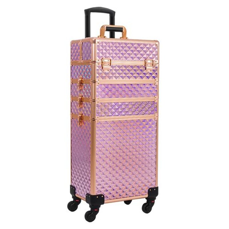 AROUS Rolling Makeup Train Case Large Storage Cosmetic Trolley 4 in 1 Large Capacity Trolley Makeup Travel Case with Key Swivel Wheels Salon Barber Case Traveling Cart Trunk, Pink