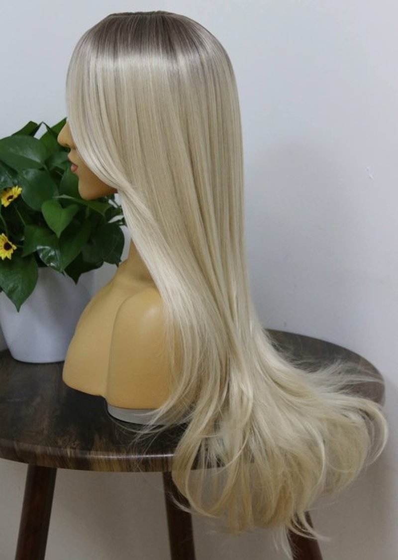 Ash Blonde Synthetic Wig With Bangs Natural Wave Fringe Unit Glueless Wig For Woman Light Brown Roots Scalp Top Full Machine Made Full Wig Platinum Blonde Heat Resistant Fibers Costume Wig Daily Use