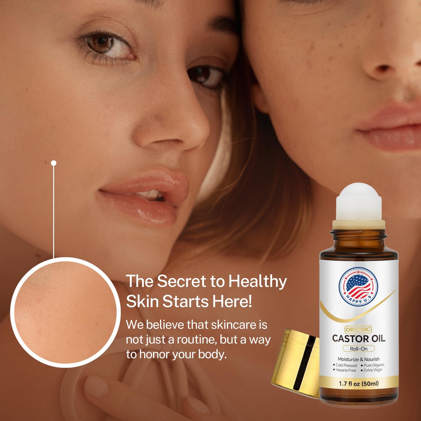 Happy U.S Organic Castor Oil Roll On For Face and Body, Cold Pressed, 100% Pure Hexane Free Castor Oil, Unrefined - Stimulate Hair Growth, Moisturize Skin, Wrinkles Dark Circles Beauty Rollerball