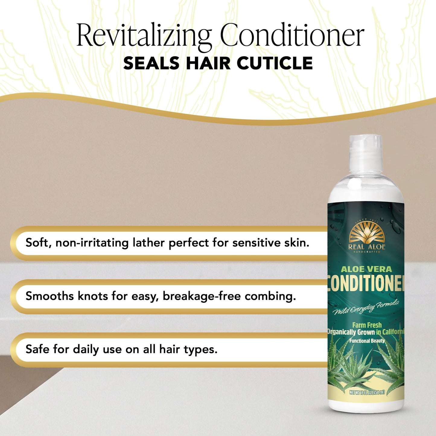 Real Aloe Vera Conditioner (16 fl oz) | Organic Aloe & Argan Oil | Sulfate, Paraben & Phenoxyethanol Free | Lightweight, Gentle Daily Hair & Scalp Care | Made in USA