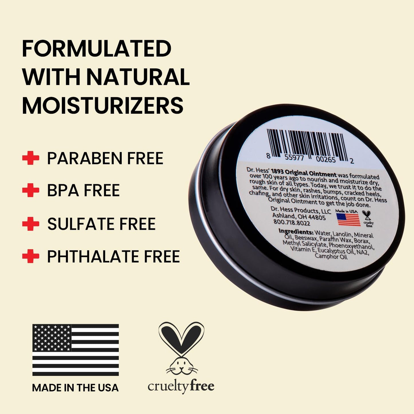 Dr. Hess' 1893 Original Udder Ointment, All-Purpose Nourishing Body Moisturizer for Healing Dry, Irritated Skin, Cracked Heels, Rashes, Chafing with Lanolin, Beeswax, & Eucalyptus Oil, 1.4 oz