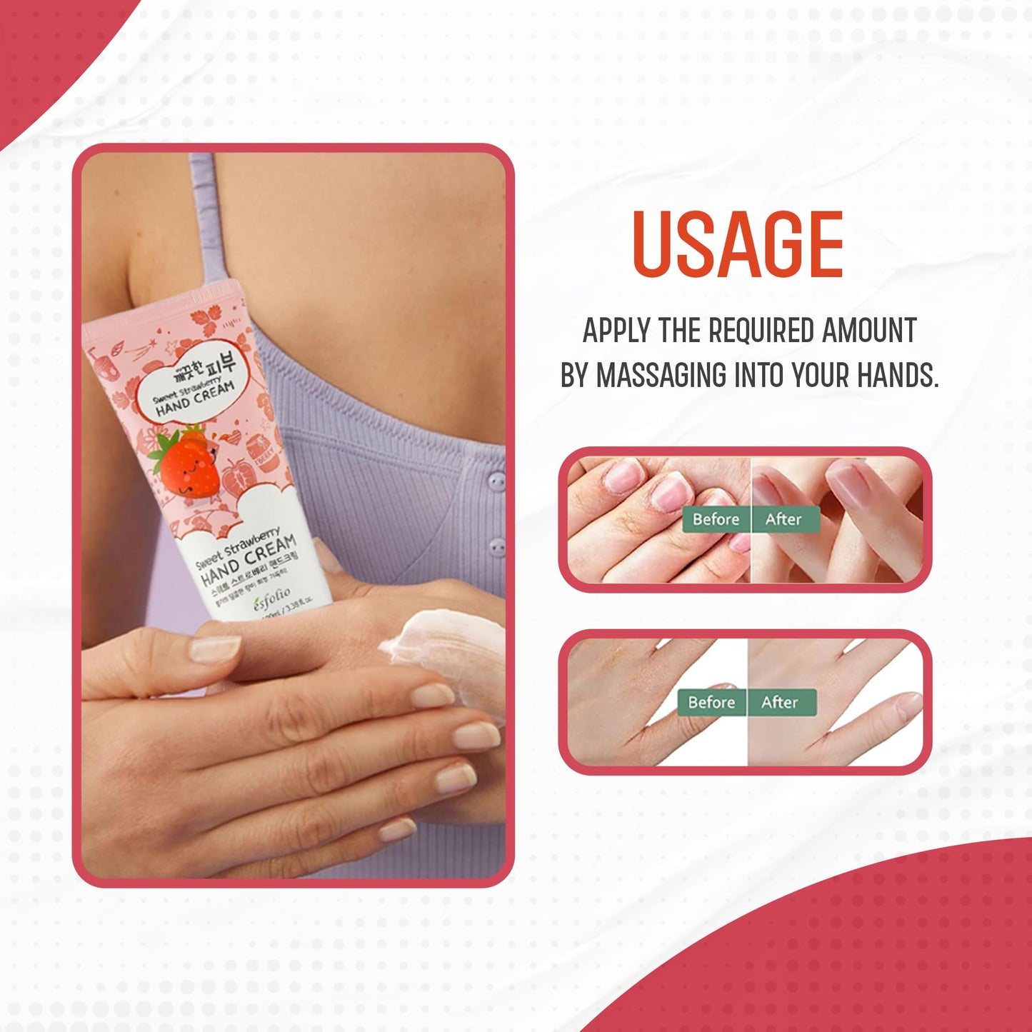 esfolio Sweet Strawberry Hand Cream – Moisturizing Korean Hand Lotion with Strawberry Extracts – Softens, Hydrates & Smooths Dry Skin – Lightweight Non-Greasy Formula (3.38 OZ/100ML)