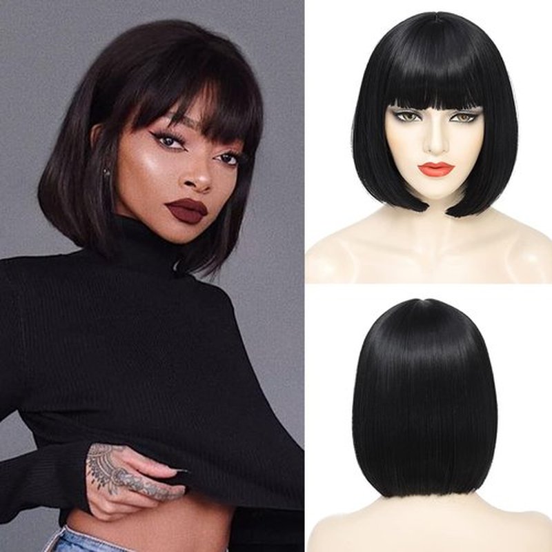 YBYMCAI Black Bob Wigs For Women Short Black Bob Wig With Bangs Straight Bob Bangs Wig 10 Inch Natural Looking For Daily Party Use
