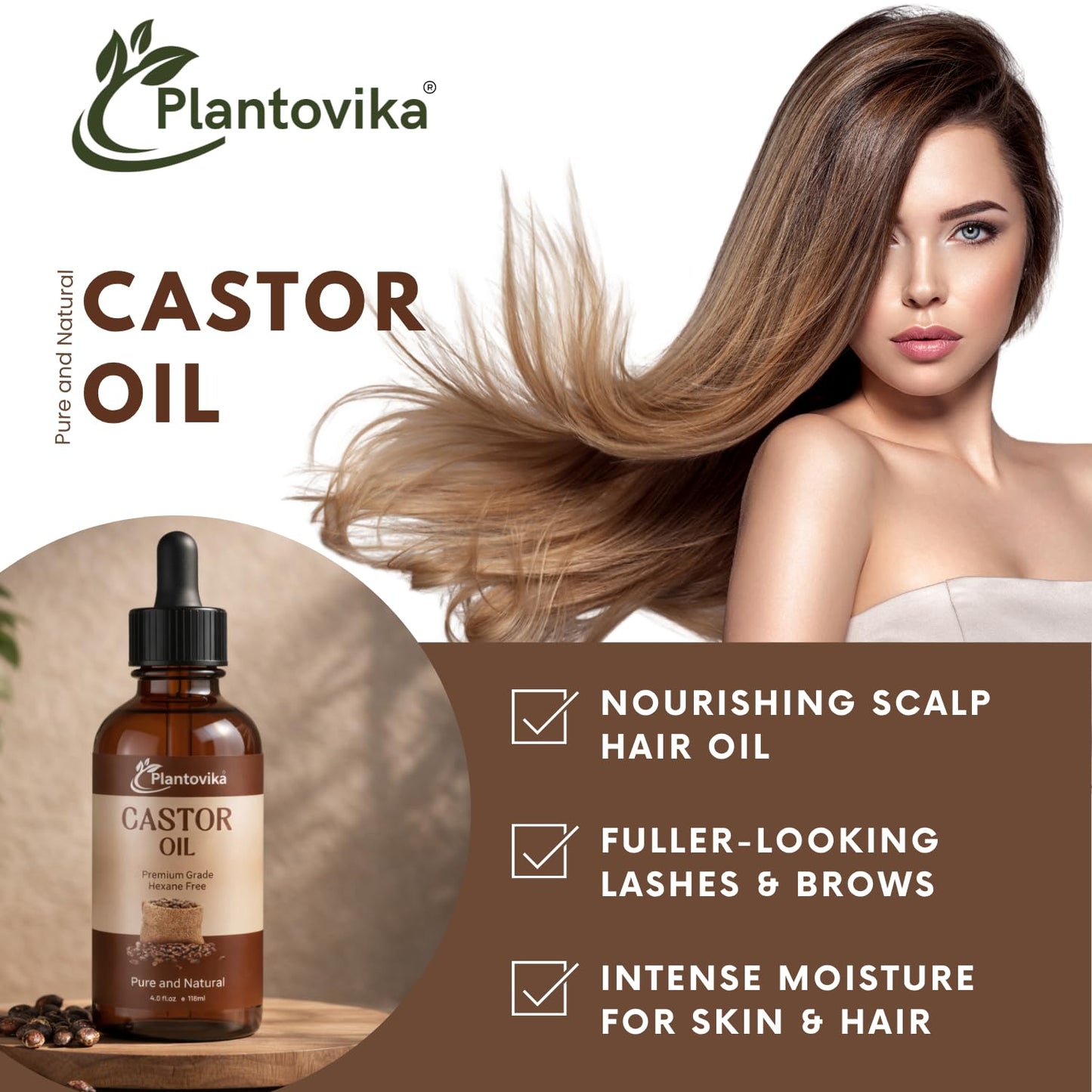 Plantovika Castor Oil for Hair, Eyelashes & Eyebrows – 100% Pure Cold-Pressed Castor Oil with Vitamin E, Moisturizing Oil for Hair, Scalp, Lashes & Skin (4 Fl Oz)