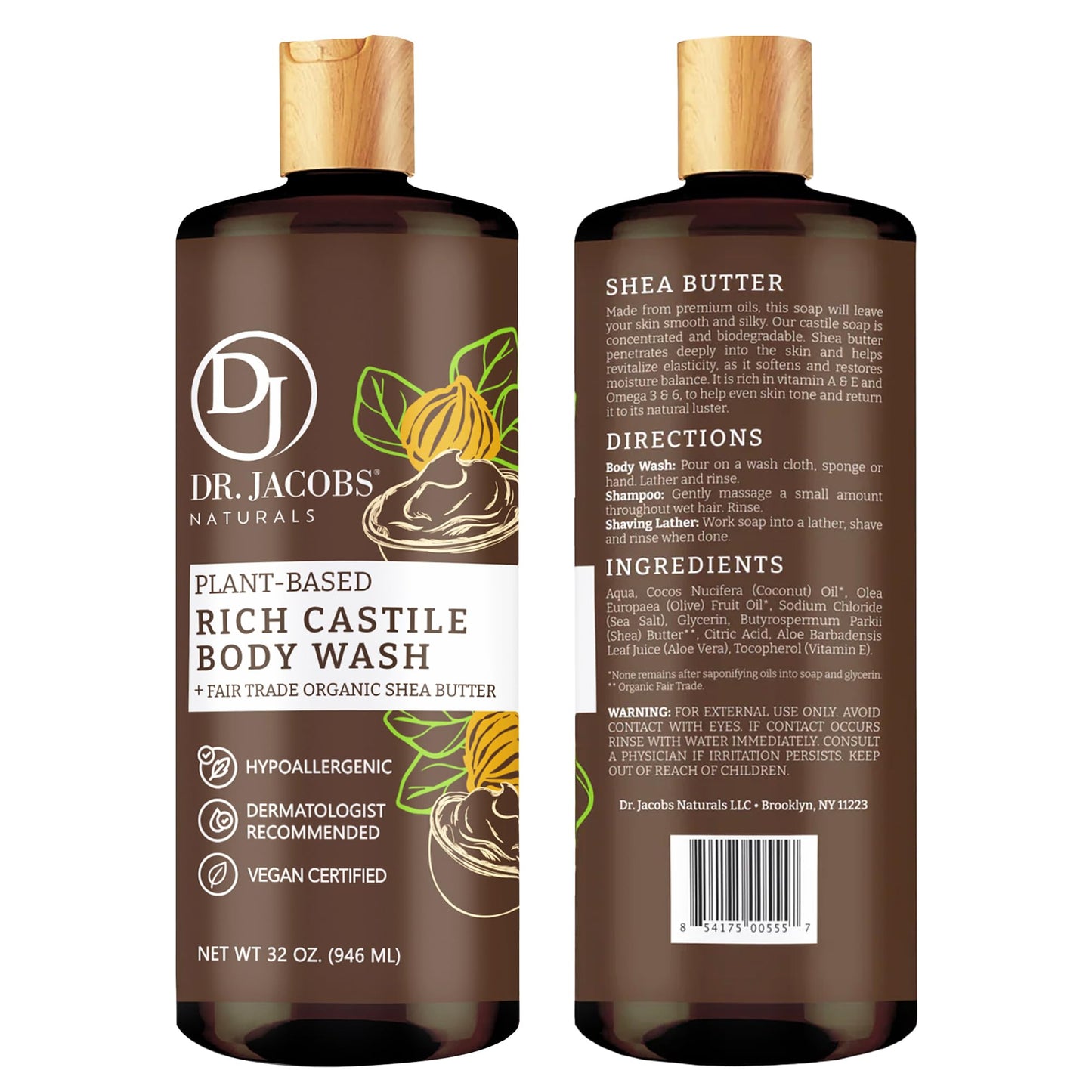 Dr. Jacobs Naturals Pure Castile Soap Liquid Body Wash, Shea Butter - Plant Based Soap Infused with Vitamin E and Aloe Vera to Moisturize Dry and Sensitive Skin - Made in The USA - 32 oz, Pack of 3
