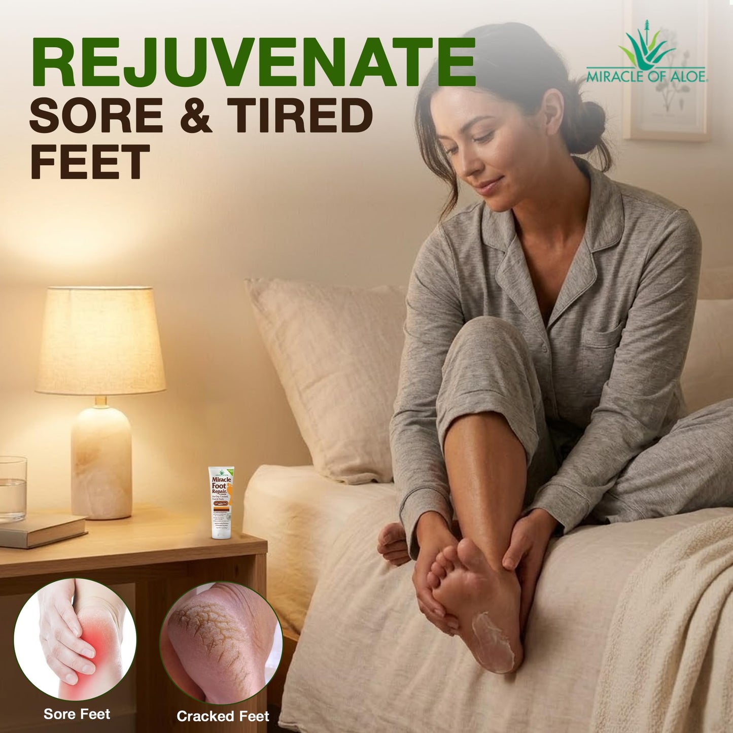 Miracle Foot Repair Cream (8 oz & 1 oz) Repairs Dry Cracked Heels and Feet, 60% Pure UltraAloe Moisturizes, Softens, and Repairs