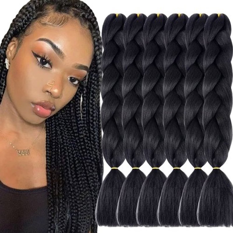 TENGSHUO FLY Blcak Braiding Hair 6 Packs Synthetic Braid Hair Extensions Jumbo Braiding Hair 24 Inch or Box Braids Twist Crochet Braids(24"6Pack,Blcak)