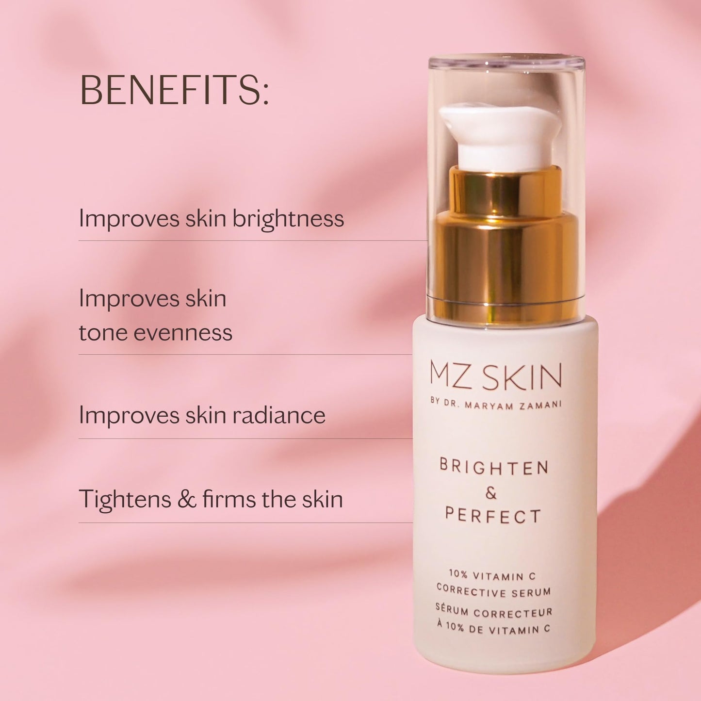 MZ SKIN Brighten & Perfect Vitamin C Serum, 10% Brightening Treatment for Dark Spots, Pigmentation to Reveal Glowing Renewed Skin, With Tranexamic Acid, 1.01 fl oz