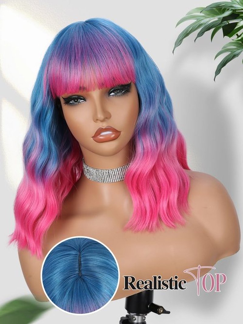 Fancy Hair Pink and Blue Wavy Bob Wig Short Wavy Wig with Bangs Glueless Wear and Go Wig Synthetic Shoulder Length Bob for Girl Women Daily Party Use