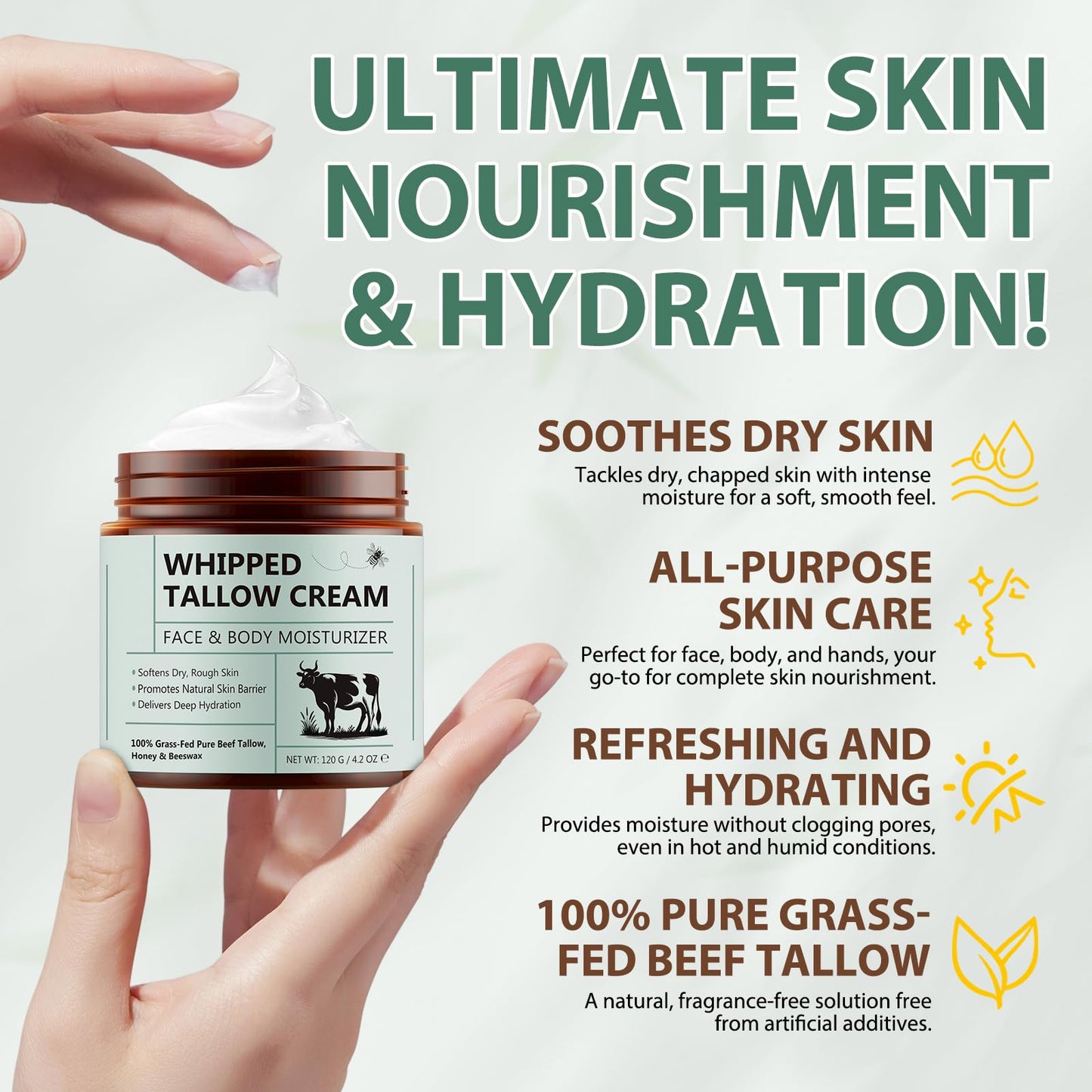 ZIXAOK Beef Tallow Cream with 100% Grass-Fed Beef Tallow & Wild Honey - Age-Defying & Deep Moisture Balm for Dry, Sensitive Skin, Face & Body Moisturizer, Natural Formula