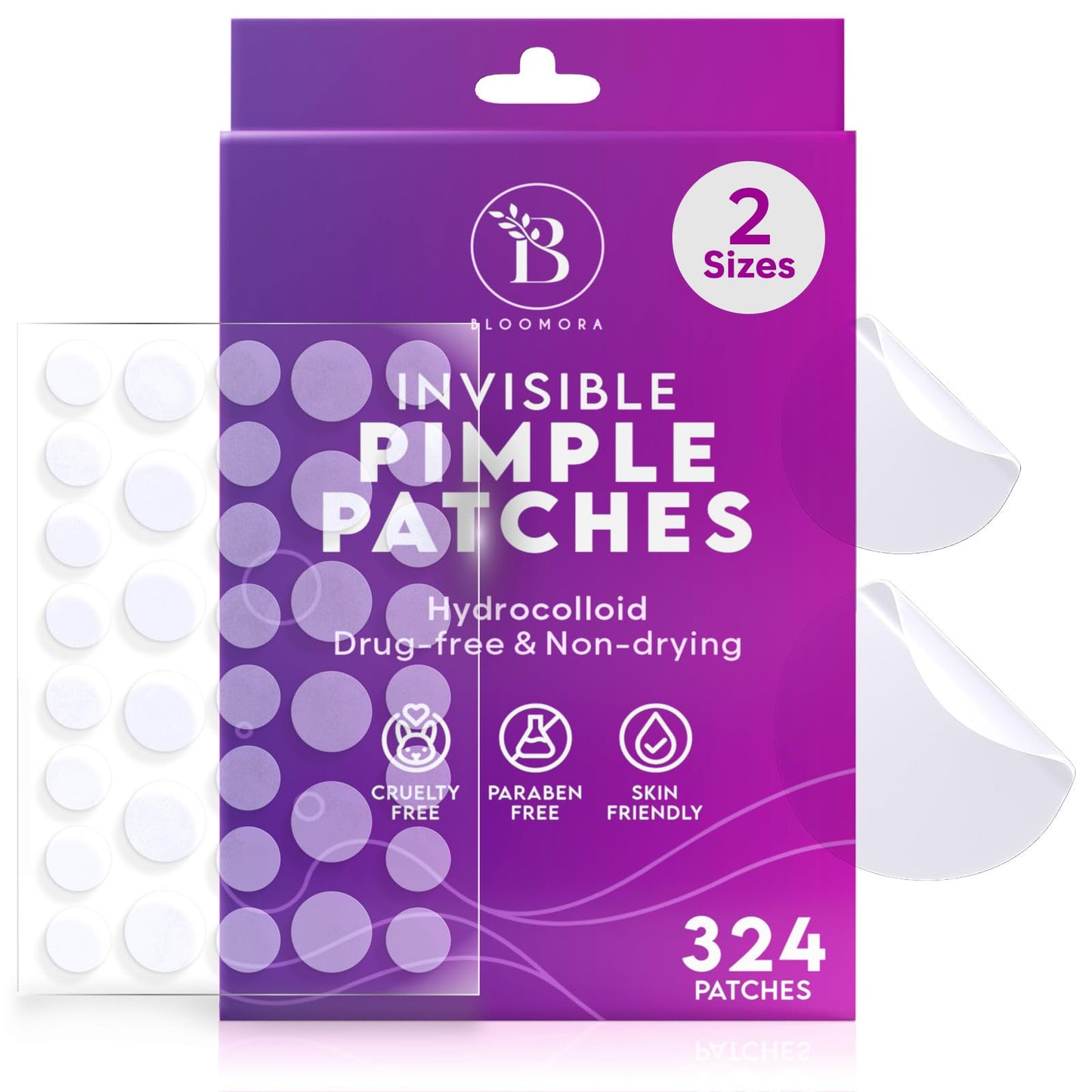 BLOOMORA Invisible Pimple Patches for Face (324 Count), Zit Patches for Spot Cover, Hydrocolloid Covers Pimples, Clear (2 Sizes - S/L)
