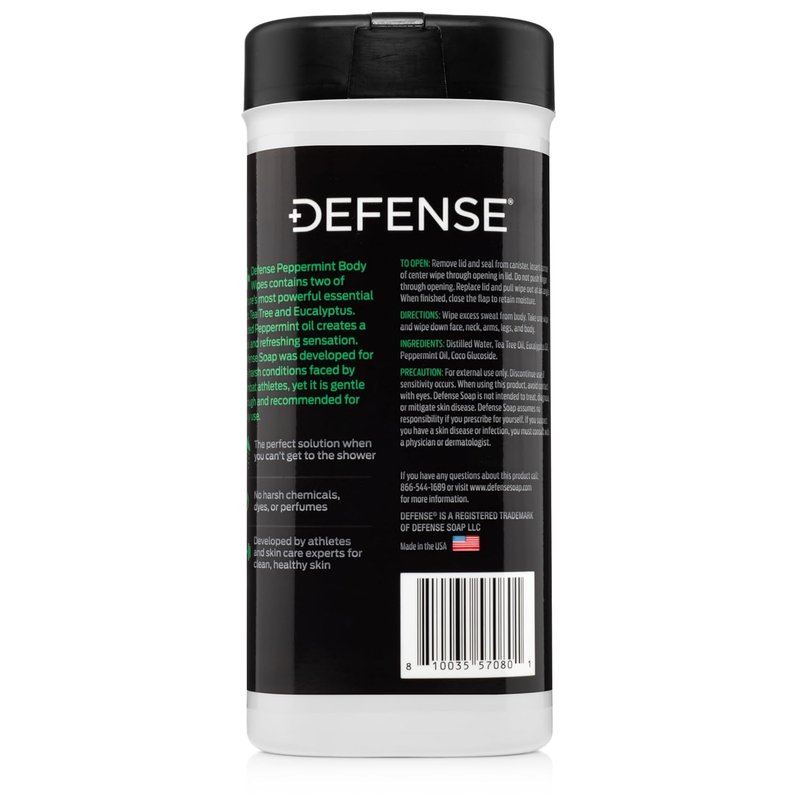 Defense Soap Peppermint Body Wipes - All Natural Tea Tree Oil Formula | 40 Count for Gym, Camping, and Post Workout