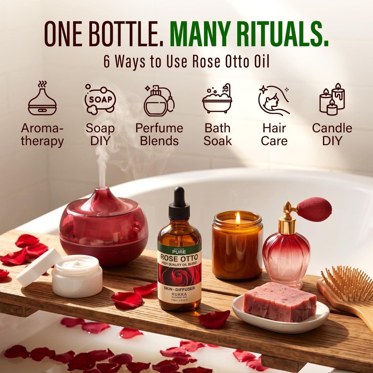 100% Pure Rose Otto Oil - 4 Fl Oz Rose Otto Essential Oil for Hair, Skin, Diffuser, Aromatherapy & DIY Soap Making Scent