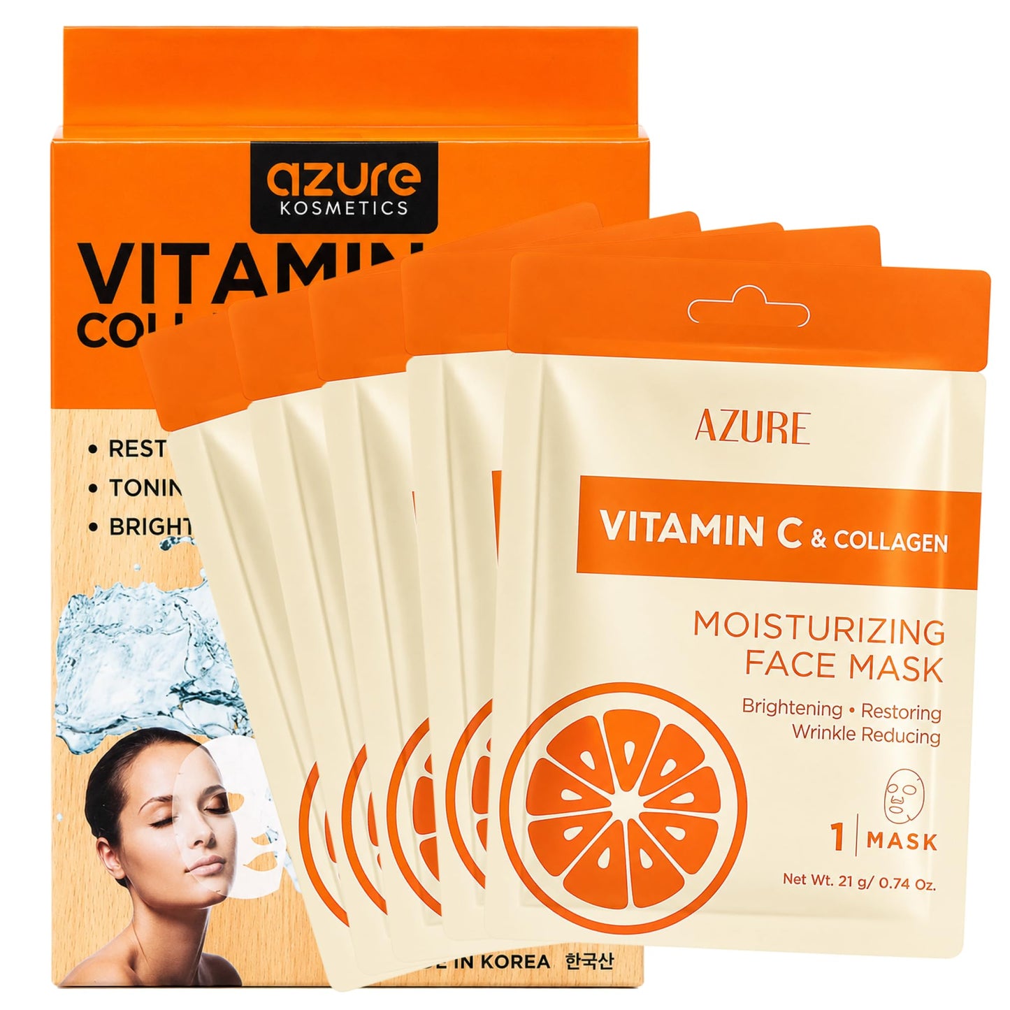 Vitamin C & Collagen Korean Sheet Masks, Dermatologist Tested - 5 Pack