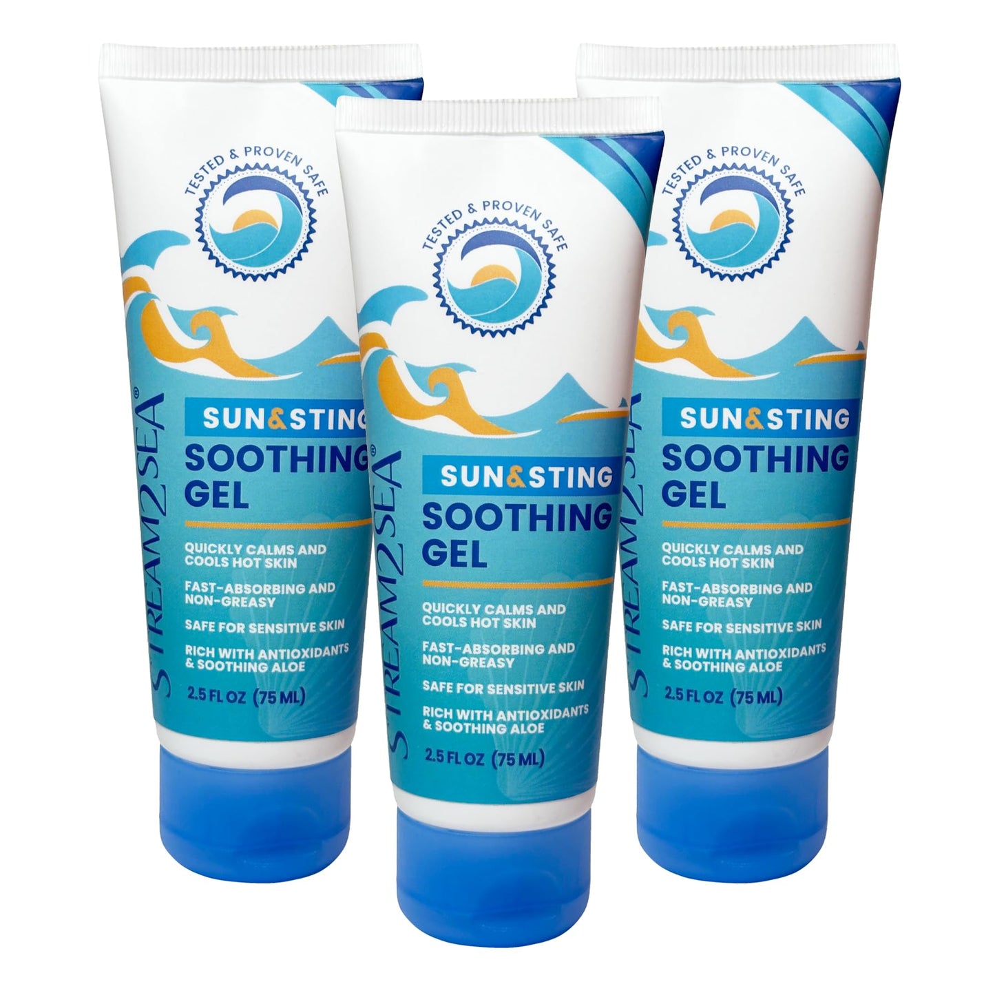 STREAM 2 SEA Sun & Sting Soothing Gel — Sunburn, Insect Bite & Jellyfish Sting After-Sun Care, Antioxidant Blend with Aloe, Green Tea & Wakame, Biodegradable Travel Size 3-Pack, 7.5 Fl Oz Total