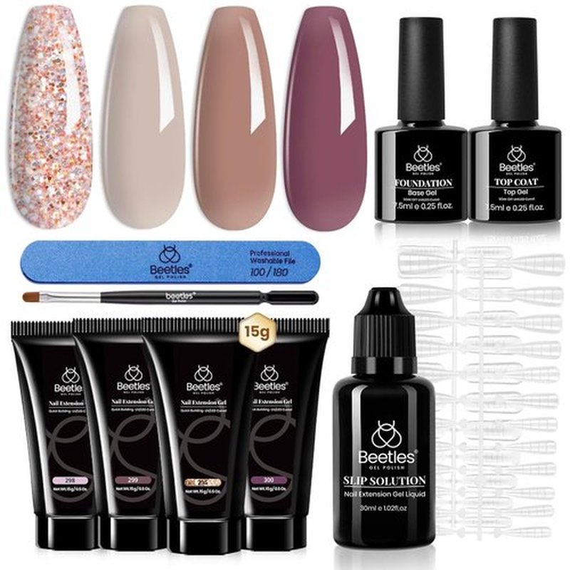 Beetles Poly Nail Extension Gel Kit, 7 Pcs Clear Jelly Glitter Golden Nude Brown Colors Poly Building Gel Enhancement Manicure Kit Top Base Coat Slip Solution Nail Art Soak Off UV Fall Nails
