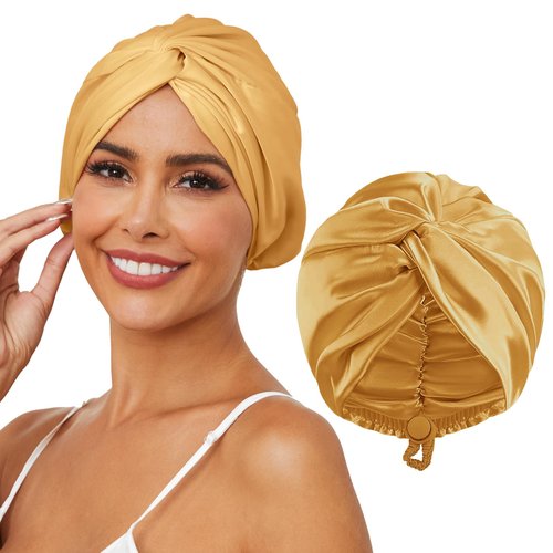 HFRHTGY Adjustable Silk Satin Hair Bonnet for Sleeping, Double Layer Hair Wrap Sleep Cap Turban for Women Men, Curly Straight Hair Long Large Braid Unisex (Golden Yellow 59)