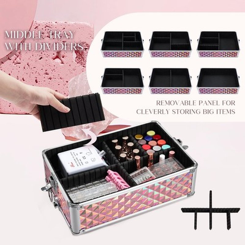 FRENESSA 3 in 1 Rolling Makeup Train Case Portable Cosmetic Trolley Large Storage for Professional with 360° Swivel Wheels Salon Barber Case Traveling Cart Trunk - Glitter Pink