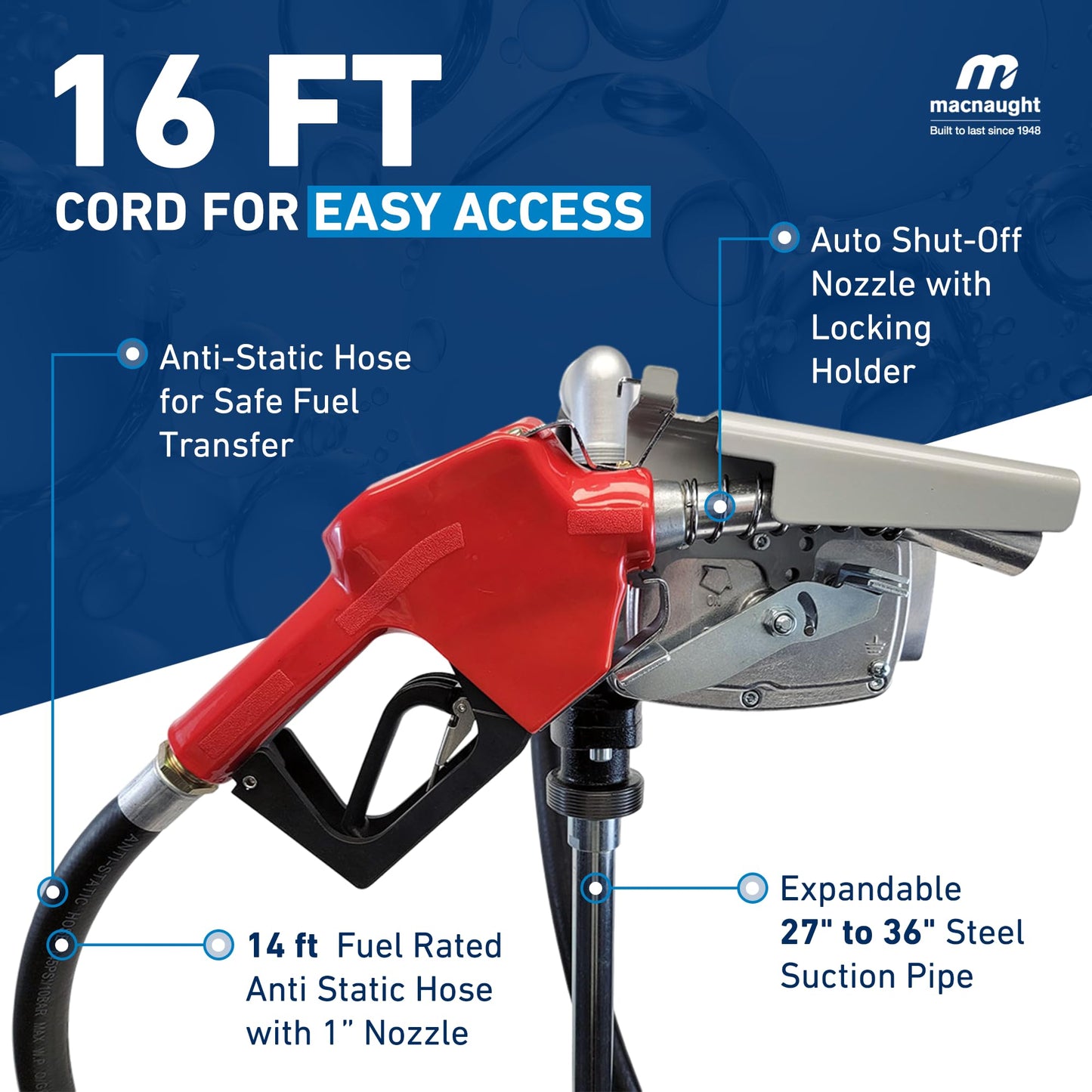 Macnaught Fuel Transfer Pump M3 120V, 15 GPM 3/4" High Flow Fuel Pump, Auto Shut-Off, Nozzle, Discharge Hose, Expandable to 36" Length, CSA Certified for Gasoline, Diesel, Kerosene, Mineral Spirits