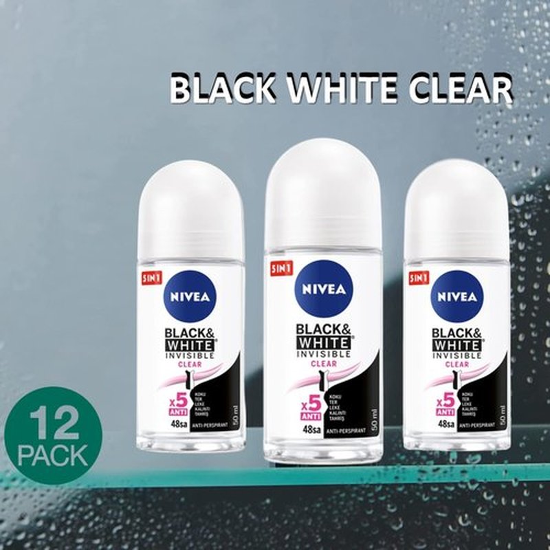 NIVEA 50ml Invisible Black And White Clear Roll On Anti Perspirant Deodorant, Pack of 6
