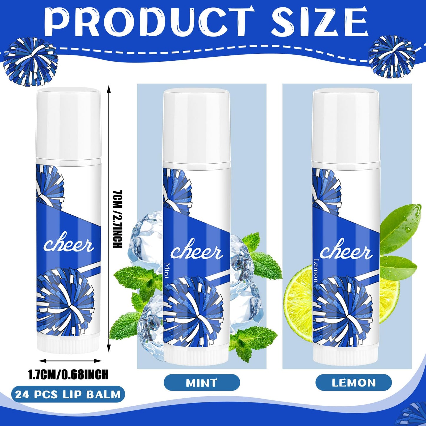 Suttmin 24 Pcs Cheer Lip Balm Bulk Cheer Teams Camp Gifts Pom Pom Leaders Party Favors Gear Lip Balm Valentine's Day Gift for Competitive Party Guest Supplies(Blue and White)