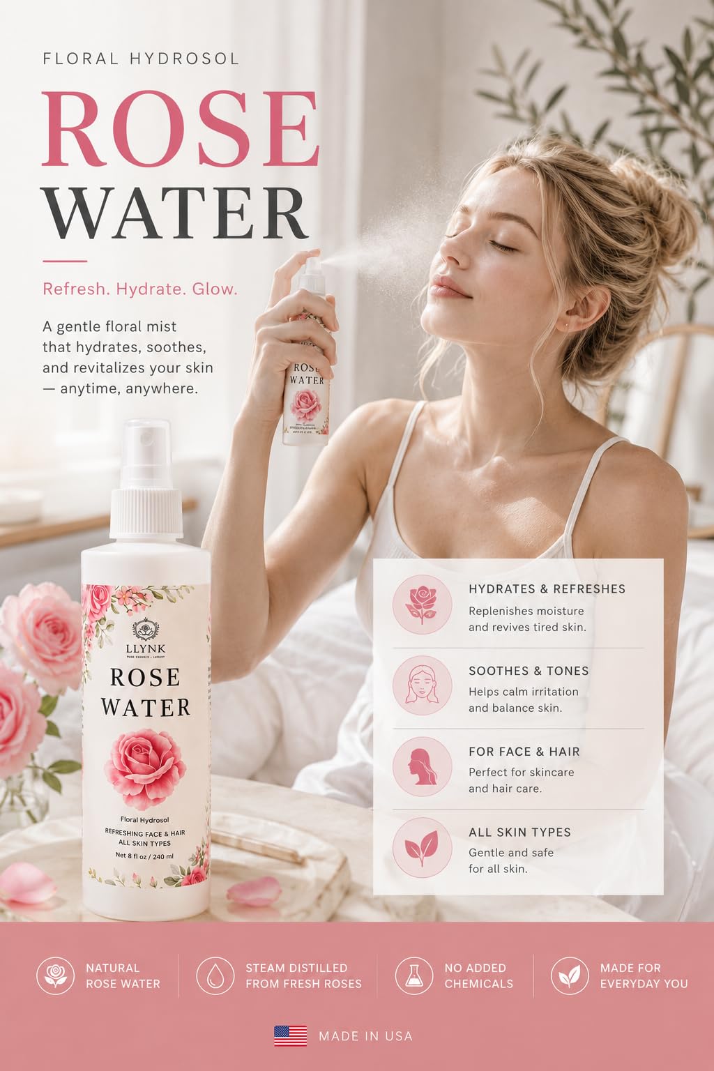 LLYNK Rose Water Facial & Hair Spray, 8 fl oz Hydrating Mist, Refreshing Toner for Skin & Scalp, Alcohol-Free, Hydrates and Soothes