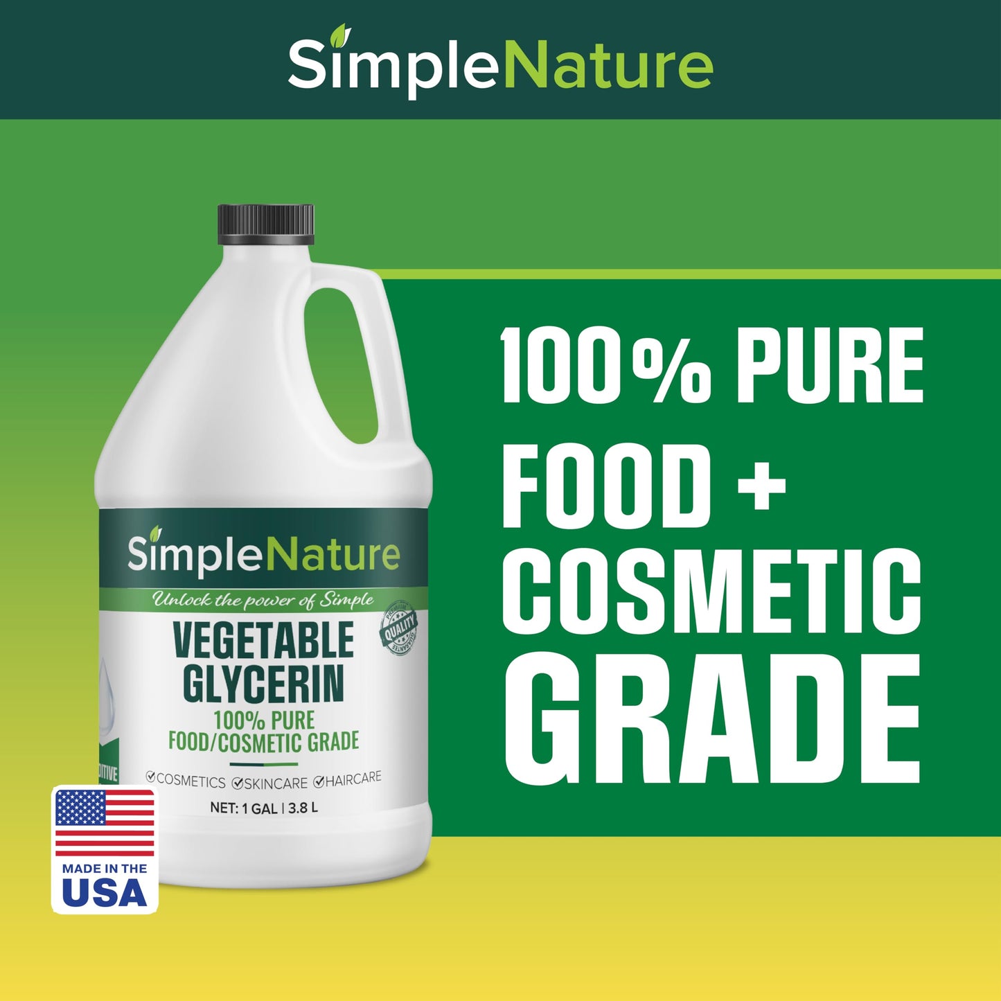 Simple Nature 100% Pure Vegetable Glycerin - 2 Gallon - Natural Pure Food/Cosmetic Grade for Skincare, Haircare, Cosmetics, Soapmaking, Crafts - Softening & Moisturizing Multipurpose Humectant