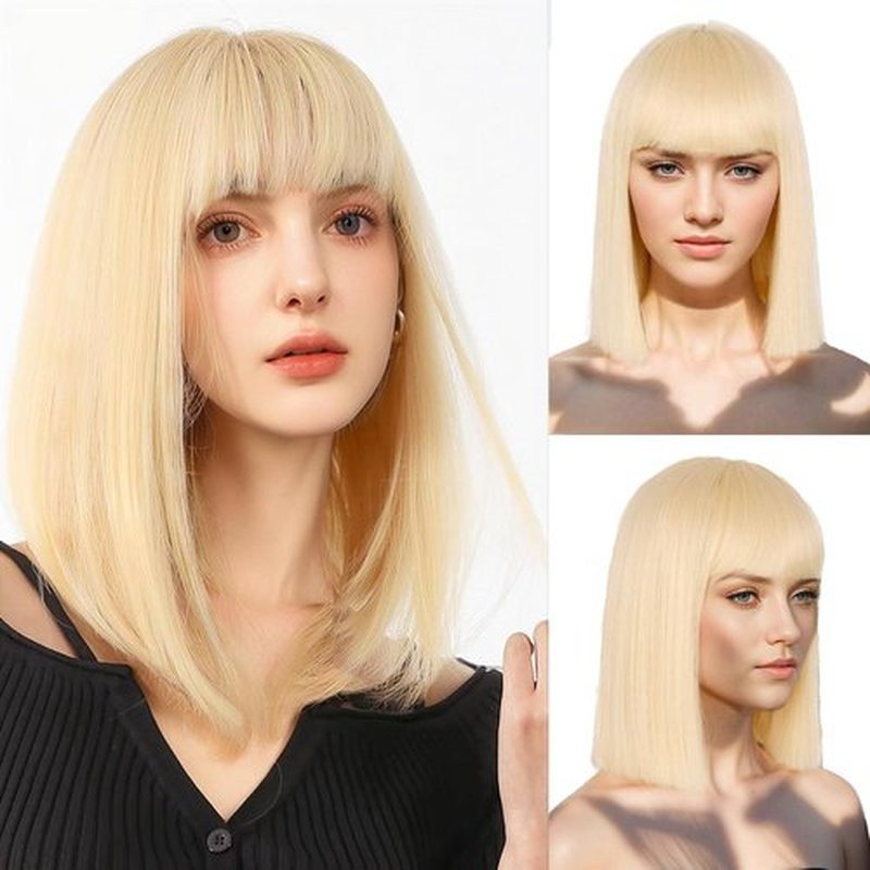 Blonde Bob Wig with Bangs Short Blonde Straight Wig for Women Natural Looking Heat Resistant Synthetic Wig for Grils Daily Party Halloween Cosplay Use 13inch