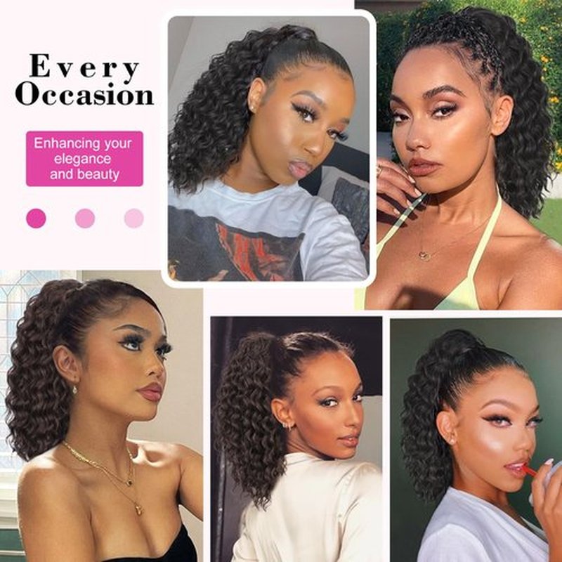 AISI BEAUTY Curly Ponytail Extension Drawstring Ponytail for Black Women 14 Inch Fake Ponytail Curly Synthetic Clip in Pony Tails Hair Extensions(Brown Black)