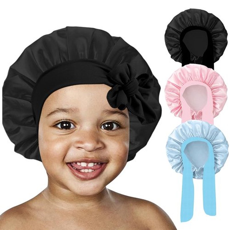 3 Pcs Kids Silk Bonnet for Sleeping - Baby Satin Bonnet for Sleeping,Kids Hair Bonnets for Curly Hair Girls Boys with Wide Elastic Band,Sleeping Cap for Teens Toddler Child (Pink+Black+Light Blue)