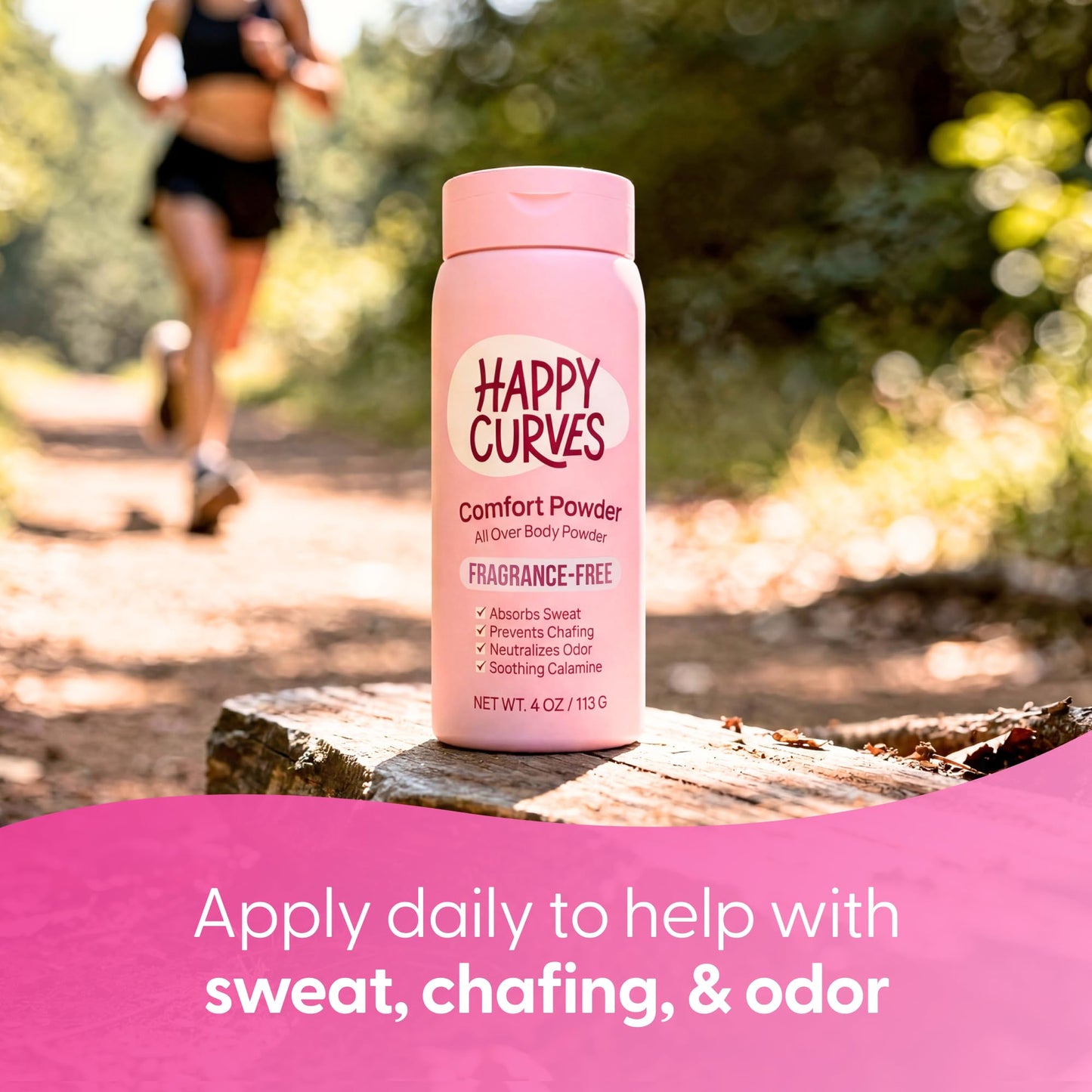 HAPPY CURVES Comfort Powder: Talc Free Anti Chafe Body & Foot Dusting Powder Deodorant to Control Inner Thigh Chafing, Private Areas, and All Over Body for Women (4 Ounce (Pack of 1), Fragrance-Free)