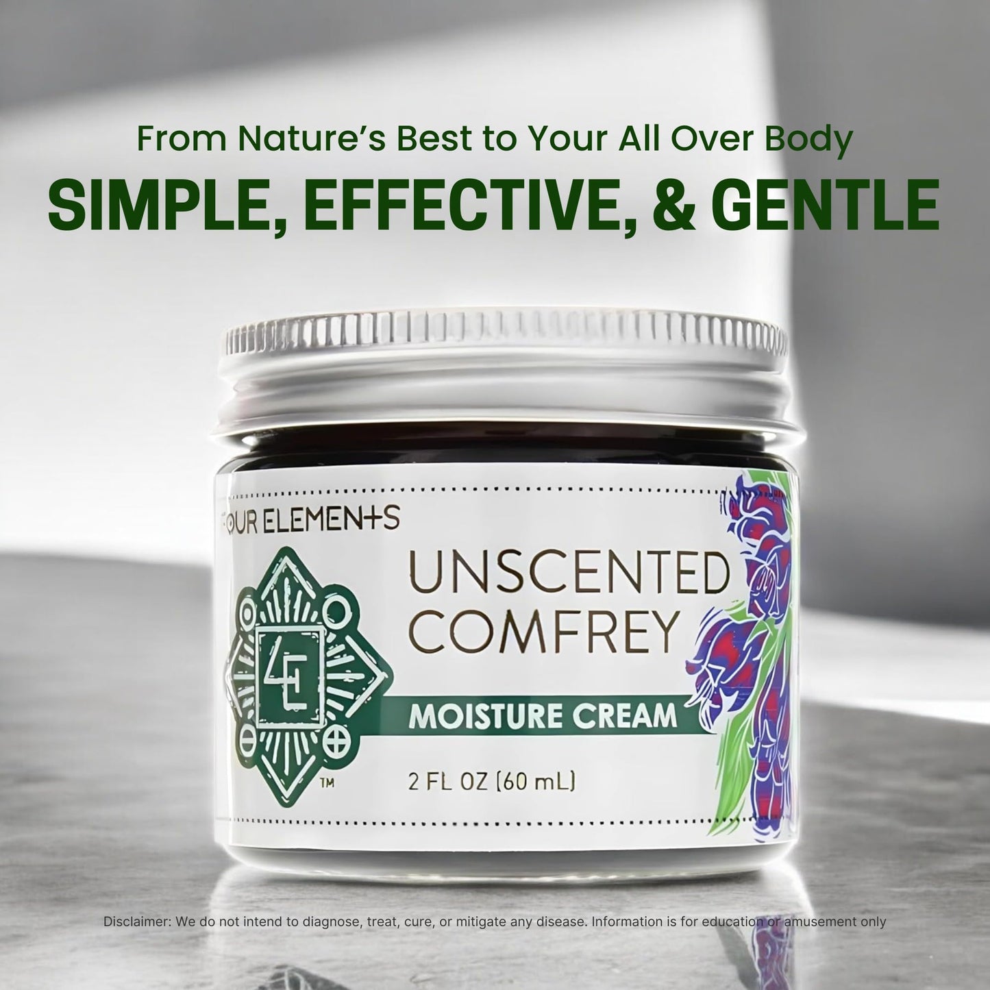 Four Elements 4E Unscented Comfrey Moisture Cream, Deeply Moisturize and Nourish your Skin, Certified Organic, 2 OZ