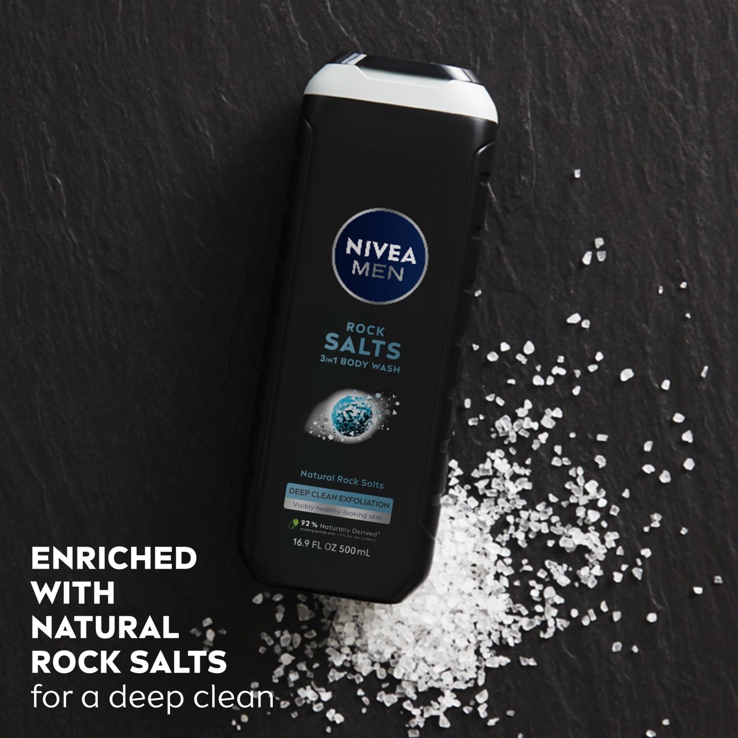 NIVEA MEN Deep Clean Rock Salts Body Wash with Scrub Particles and Natural Rock Salt, Exfoliating Body Wash for Men, Cleanses Without Drying Skin, 16.9 Fl Oz Bottle, Pack of 3
