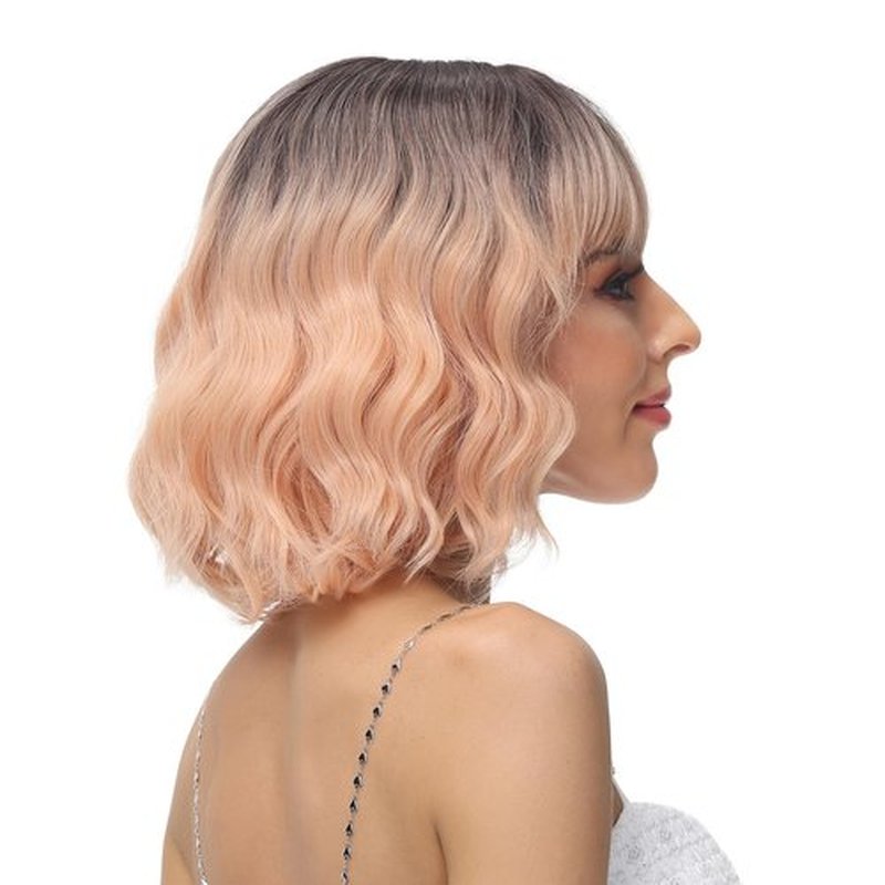 Rose bud Wavy Bob Wig with Bangs Synthetic Natural Wig Short Curly Wigs for Women Thick Black to Orange