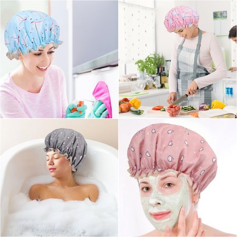 4 Pcs Shower Caps Hat for Women and Girl, Reusable Waterproof Bath Cap Double Waterproof Layers Cat and Boat Pattern