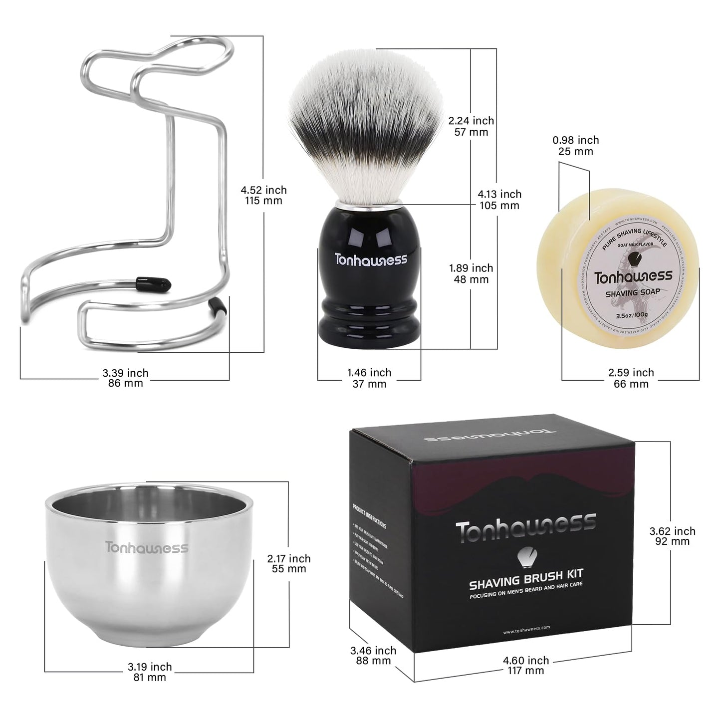 Tonhawness Shaving Brush Kit for Men, 4 in 1 Shaving Brushes Set Includes Nylon Bristle Shave Brush, Shaving Bowl & Stand and Shaving Soap Kit for Men’s Shave Gift