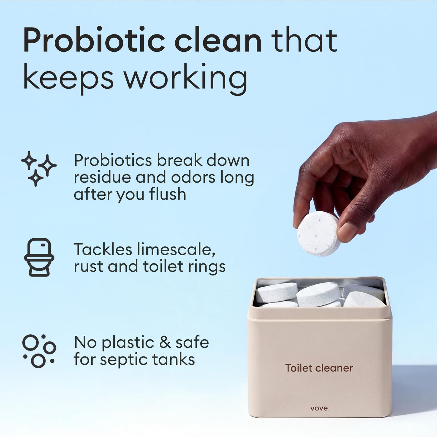 Vove Probiotic Toilet Bowl Cleaner Tablets Starter Set with Tin, 12 Count - Lime Eucalyptus, Citric Acid + Oxygen Bleach, Removes Hard Water & Limescale, Plant-Based, Septic Safe, Plastic-Free