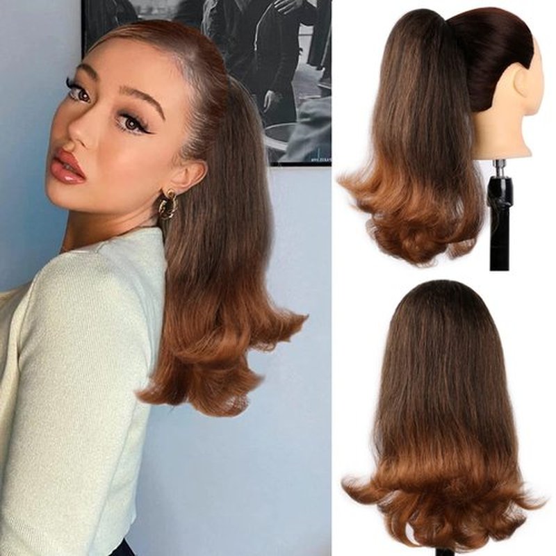JVILO Drawstring Ponytail Extensions yaki Ponytail Curly ends Natural Wavy Synthetic Curly Clip Pony Tails 14inch Ponytail Black Women(14inches, 1B-30)