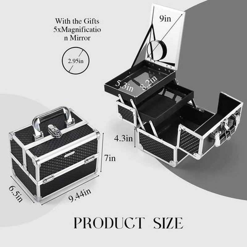 Joligrace Makeup Box Cosmetic Train Case Jewelry Organizer Box - 2 Trays Key Lock Portable Carrying with Mirror Travel Storage Modern Style Black