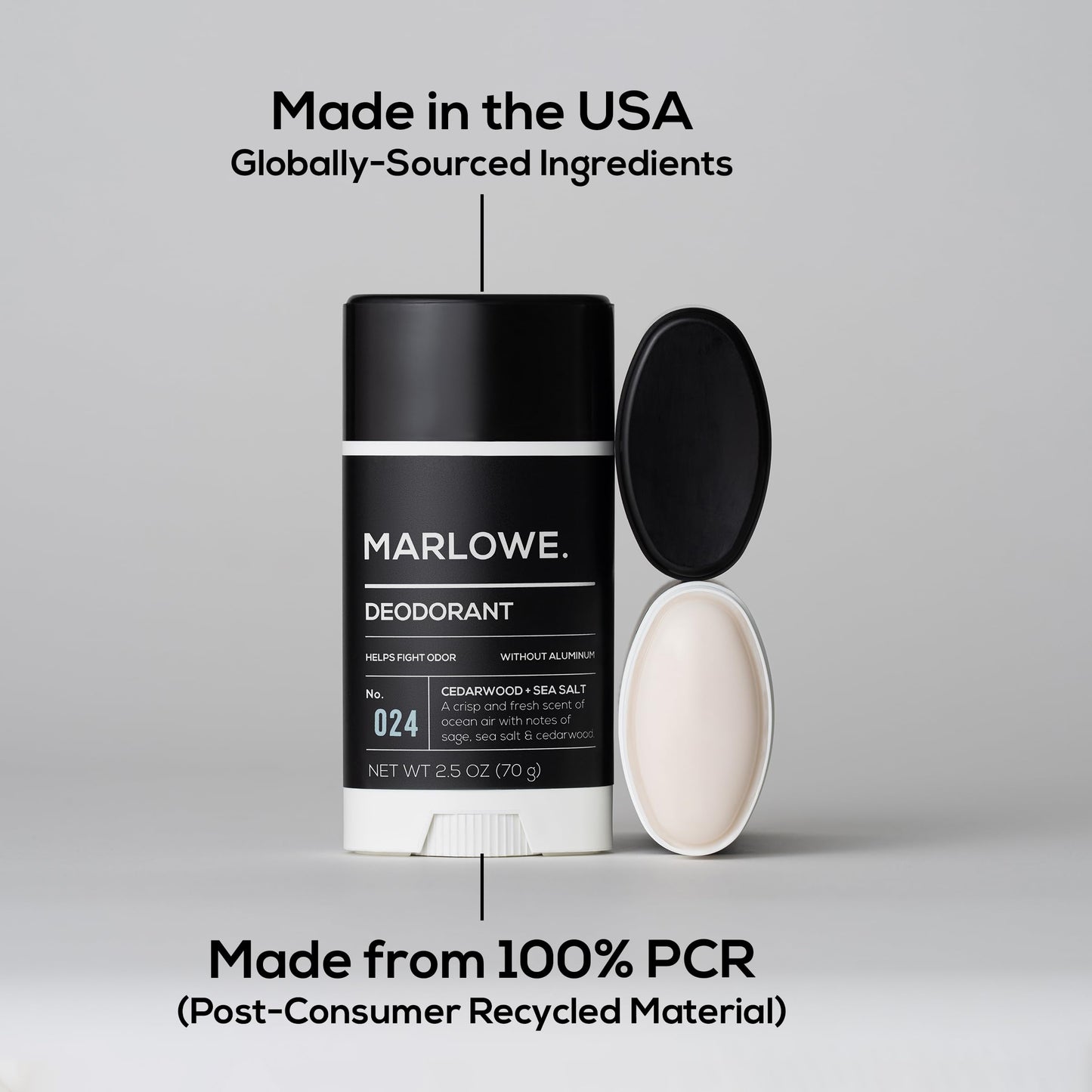 MARLOWE. Aluminum Free Men's Deodorant Stick, Cedarwood + Sea Salt, 2.5 oz