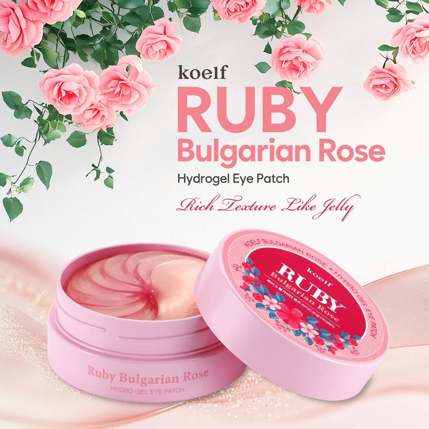 Koelf Ruby & Bulgarian Rose Hydrogel Eye Patch 60ea (30pairs) - Soothing, Hydrating Eye Mask with Rose Water, Green Tea and Yuja for Brighter Under Eye, for Puffy Eyes, Eye Bags