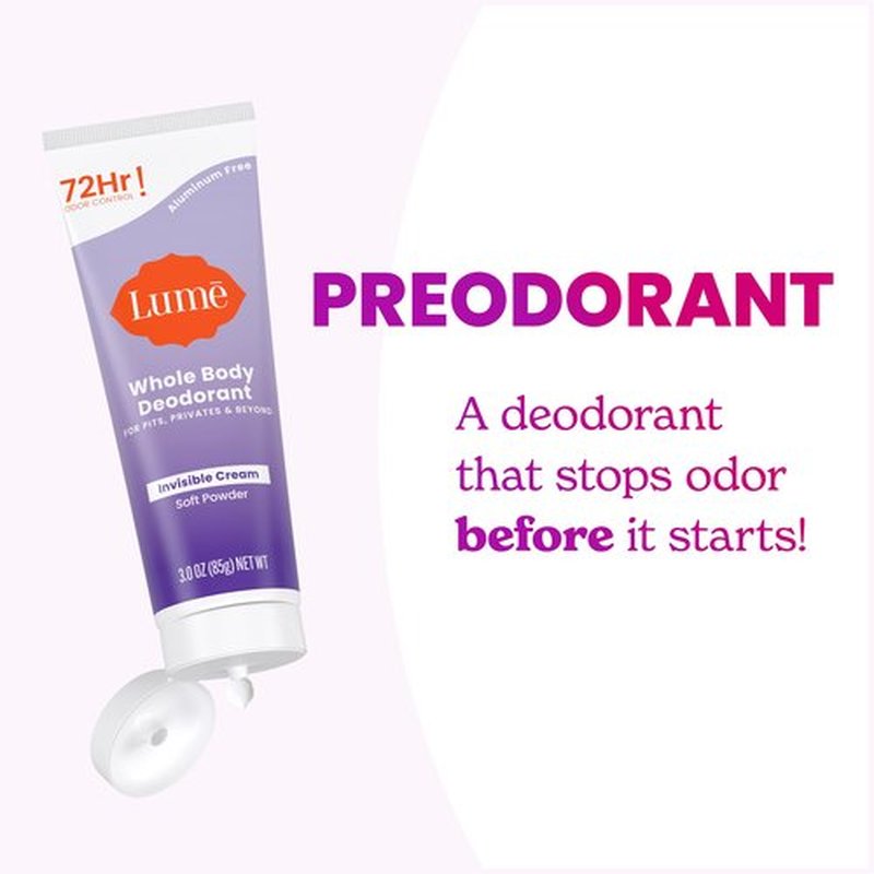 Lume Whole Body Deodorant - Invisible Cream Tube - 72 Hour Odor Control - Aluminum Free, Baking Soda Free, Skin Safe - 3.0 ounce (Soft Powder)