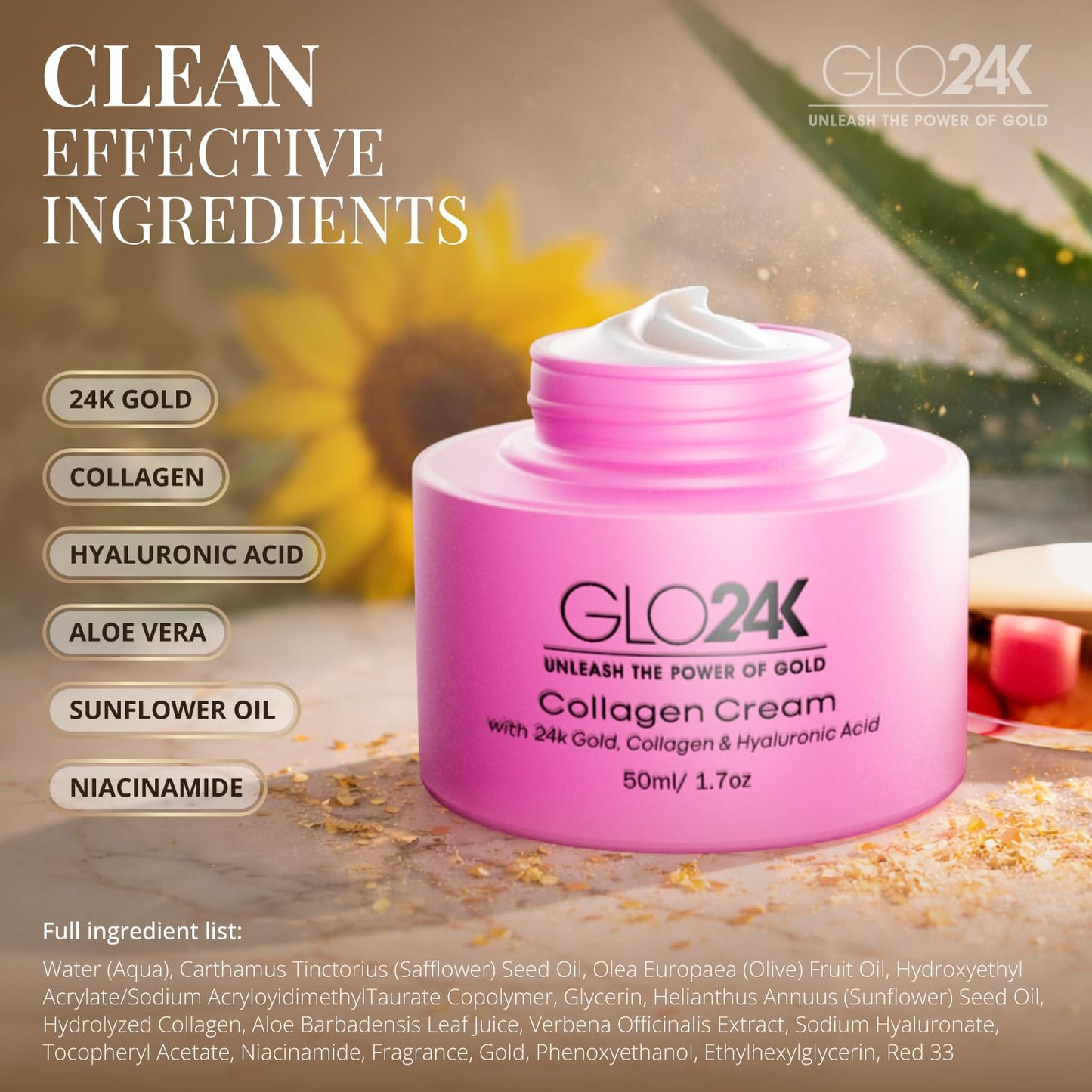 GLO24K Cream with 24k Gold, Retinol, Vitamins, and Hyaluronic Acid. Optimally Hydrate your Skin while you sleep. (Cherry Collagen Cream) (2 Pack)
