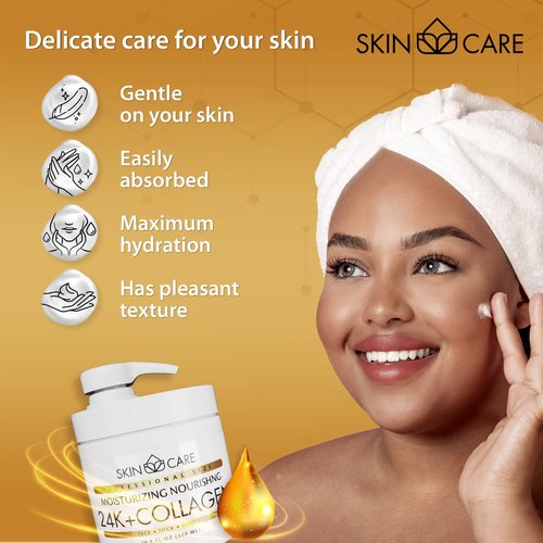 Skin Care 24K Gold & Collagen 3-in-1 Moisturizer Face Cream, Neck and Hands - Treatment for Crepey Skin, Wrinkles and Sagging - Daily Lotion for All Skin Types - 16.9 fl. oz.